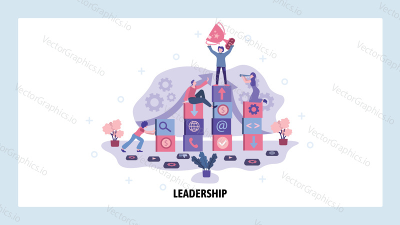 Winner with trophy on a top of business technology ladder. Team, business career, leadership, startup. Vector web site design template. Landing page website illustration.