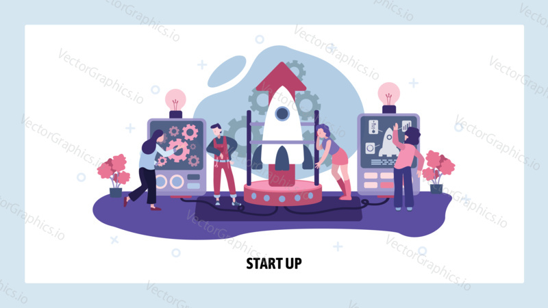 Startup business team build rocket. Start up launch. Teamwork, technology, engineer, mechanic. Vector web site design template. Landing page website illustration.