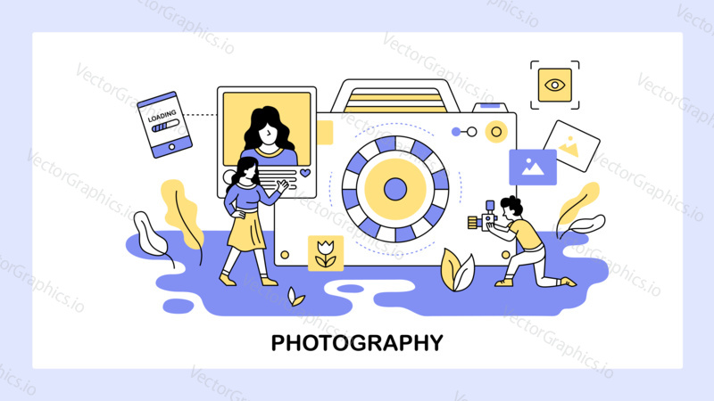 Professional photographer shoot model in studio. Photo camera. Social media photo share. Vector web site design template. Landing page website illustration.