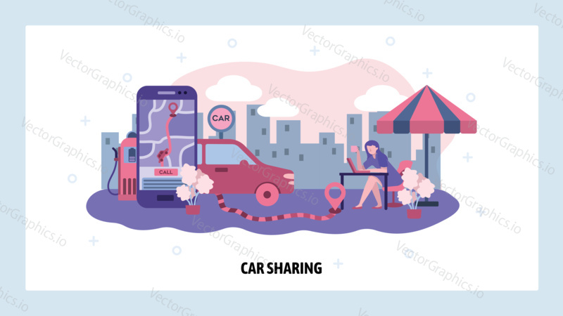 Woman sits in cafe and order taxi online on her phone. Car share city service. City map and transport route. Vector web site design template. Landing page website illustration.
