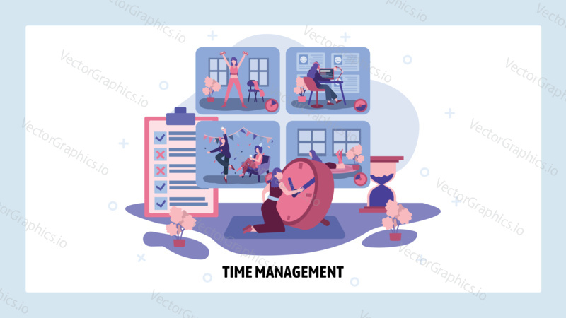 Time management and day activity schedule concept. Morning, daytime, evening and night. Home work balance. Vector web site design template. Landing page website illustration.