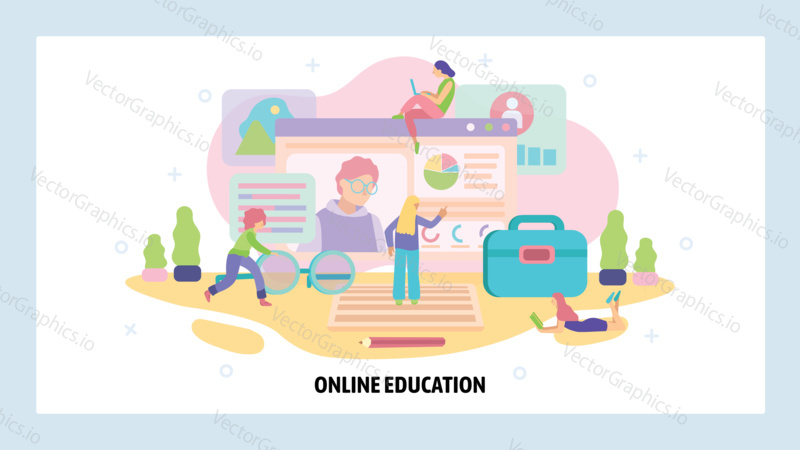 Online children education concept. Teacher on a screen and pupils in class. Home education. Vector web site design template. Landing page website illustration.