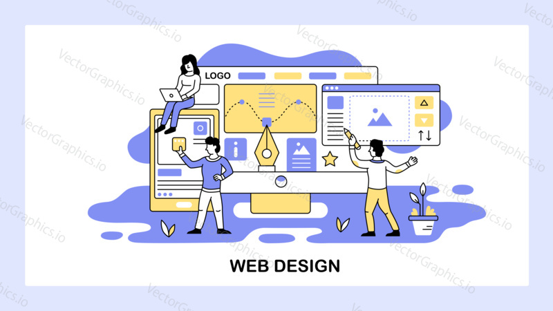 Team of designers develop new project. Web design and digital graphic concept. Drawing, logo, wireframe. Vector web site design template. Landing page website illustration.