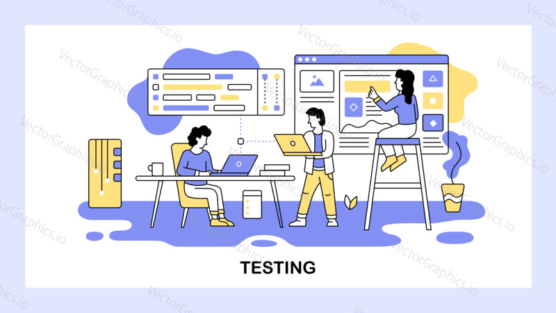 Software development team work together. Developer testing new software. Dashboard, analysis, teamwork, programmer, technology. Vector web site design template. Landing page website illustration.