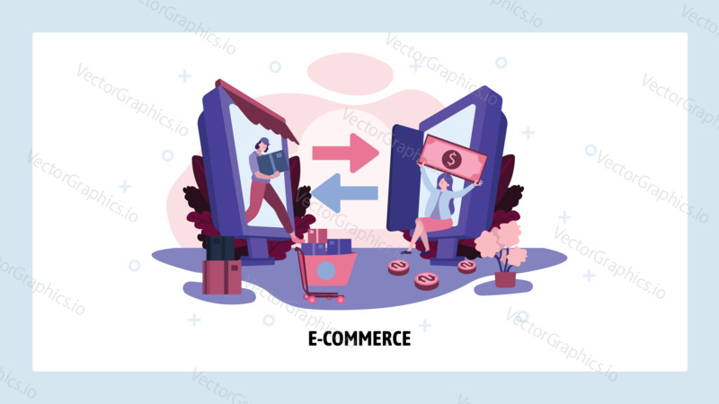 Ecommerce business and online retail concept. Woman buy product in online store. Delivery service. Vector web site design template. Landing page website illustration.
