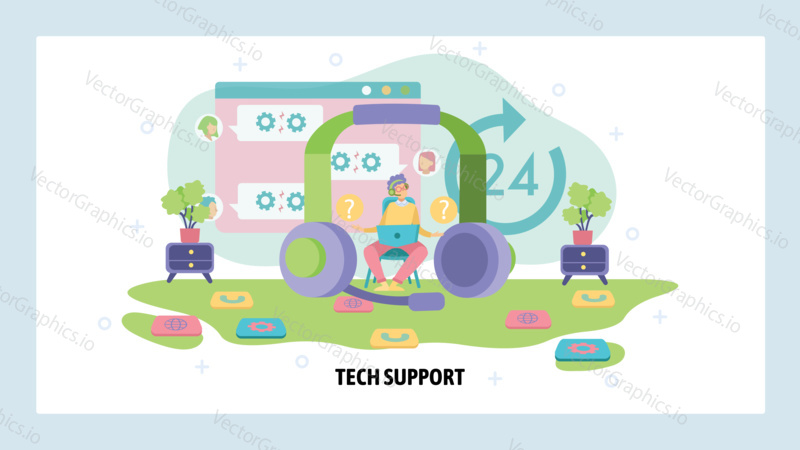 Customer tech support service. Call center, headphones, tech hotline. Business communication, contact us. Vector web site design template. Landing page website illustration