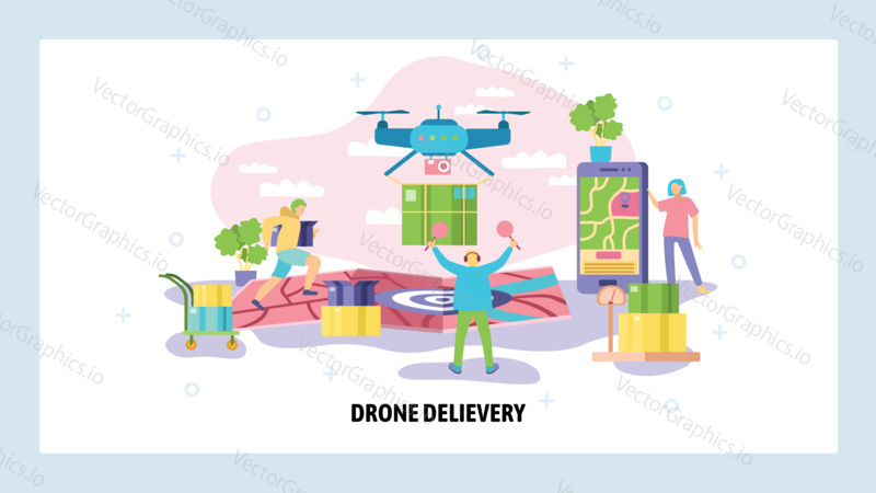 Drone air delivery concept. Drone with package landing on a map, courier fast shipping. Vector web site design template. Landing page website illustration