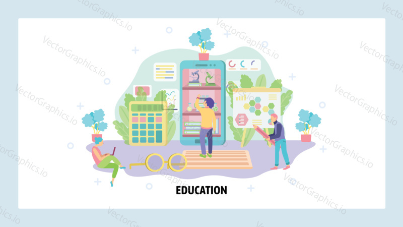 Home education and school classroom. Students in a room studying. Digital school, knowledge, virtual class. Vector web site design template. Landing page website illustration