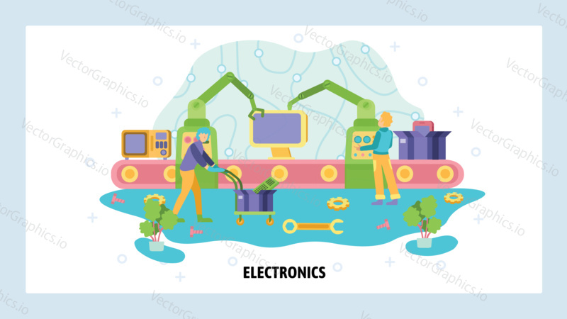 Electronics industry production line. Robot arm, industrial conveyor, automation assembly belt. Manipulator, technology, machine. Vector web site design template. Landing page website illustration