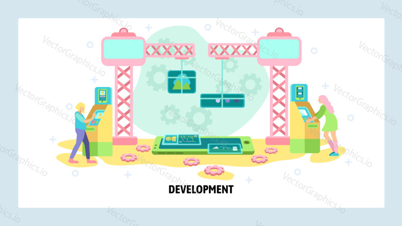 Mobile app development team. People use crane to build mobile phone application Digital technology. Vector web site design template. Landing page website illustration