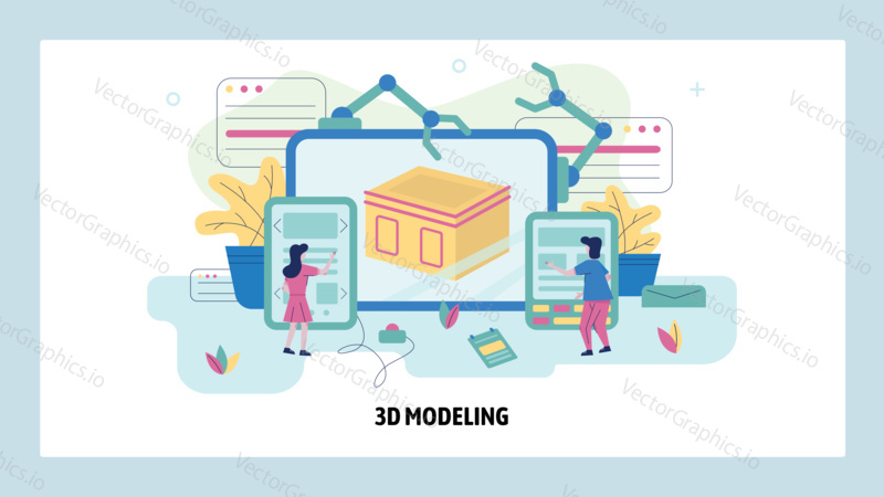 3D modeling, printing and industrial manufacturing. Prototype cad engineering, robot arm manipulator. Concept illustration. Vector web site design template.