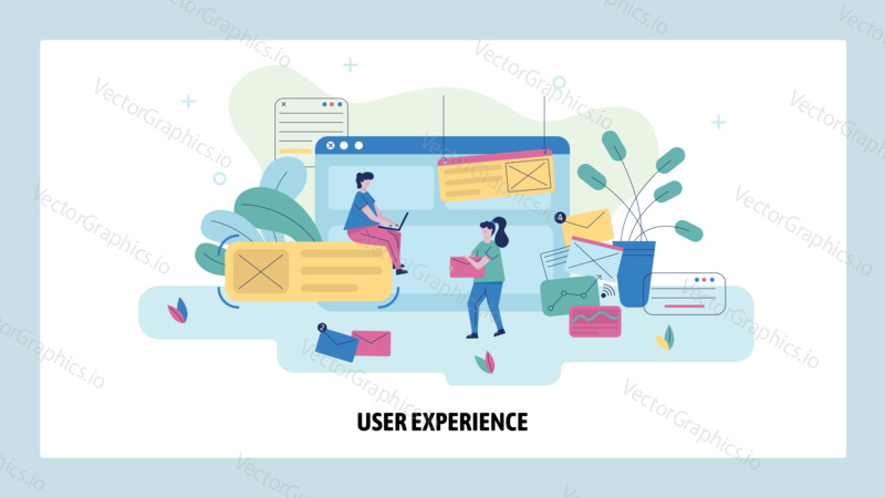 Team build website interface, app user experience. Web site wireframe and UX concept illustration. Vector web site design template.