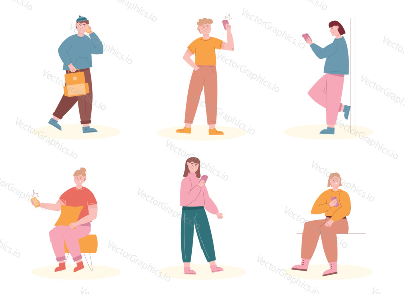 Man and woman characters using mobile phone in different situations. Vector illustration set of young people with smartphones. Happy girls and boys using phones. Pupils stay online in school.