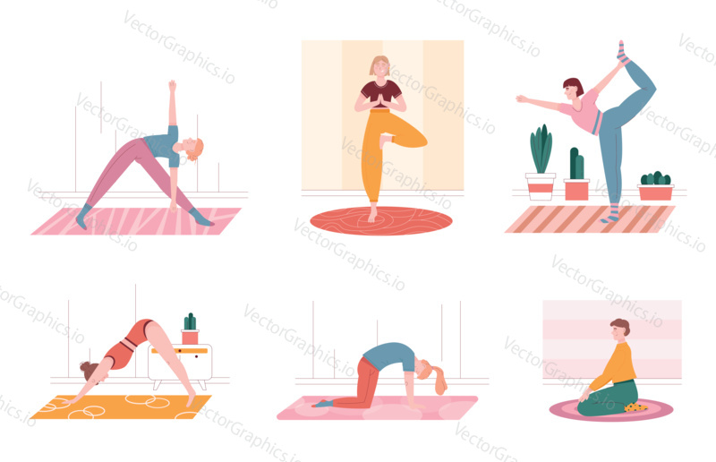 Man and woman characters doing exercise and staying in yoga position. Vector illustration set of people stretching, doing sports, yoga exercise, fitness. Healthy lifestyle.