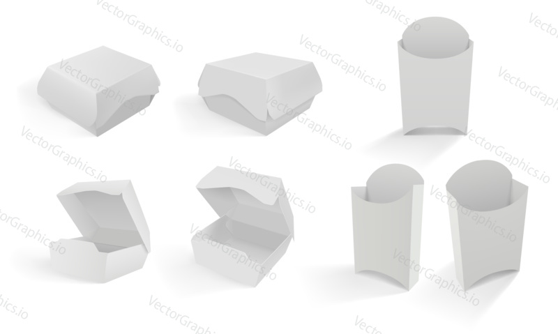 Burger and french fries white box isolated in realistic 3d style. Mock up package vector illustration. White blank cardboard boxes for fast food.