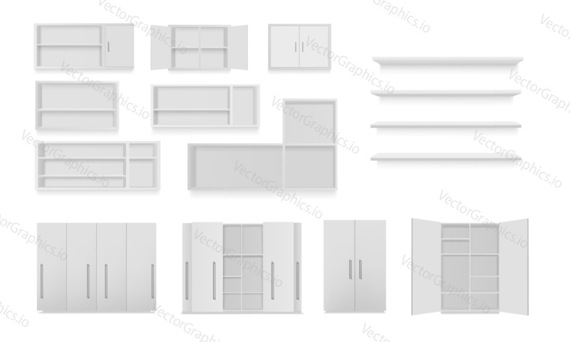 Vector set of cabinets isolated on white background. Bathroom cabinet, wardrobe, wall shelf, empty bookshelf. Mockup 3d illustration.