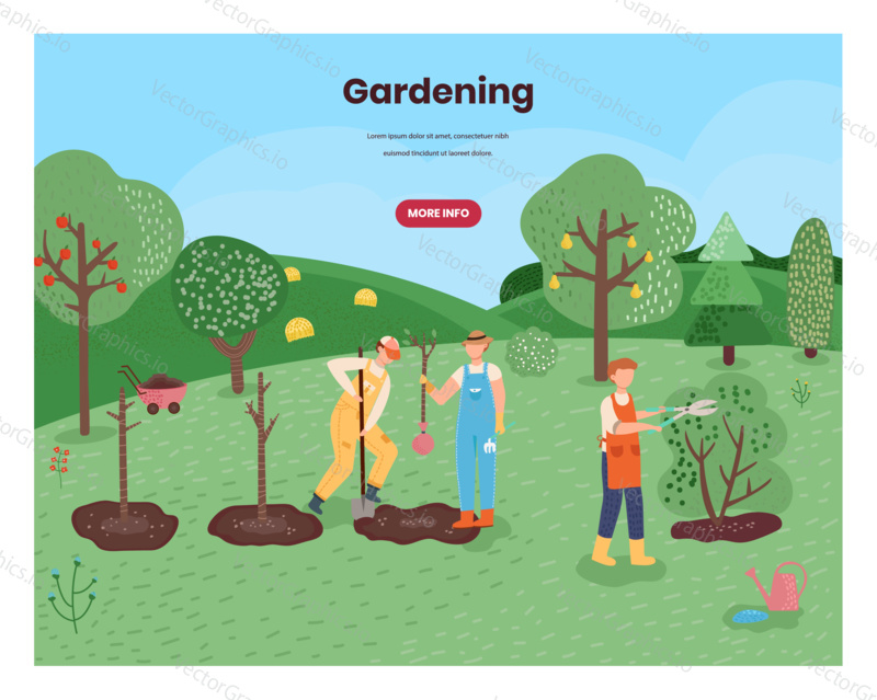 People work on a farm planting fruit tree. Farmer, agriculture field, harvest crop. Concept illustration. Vector web site design template. Landing page website illustration