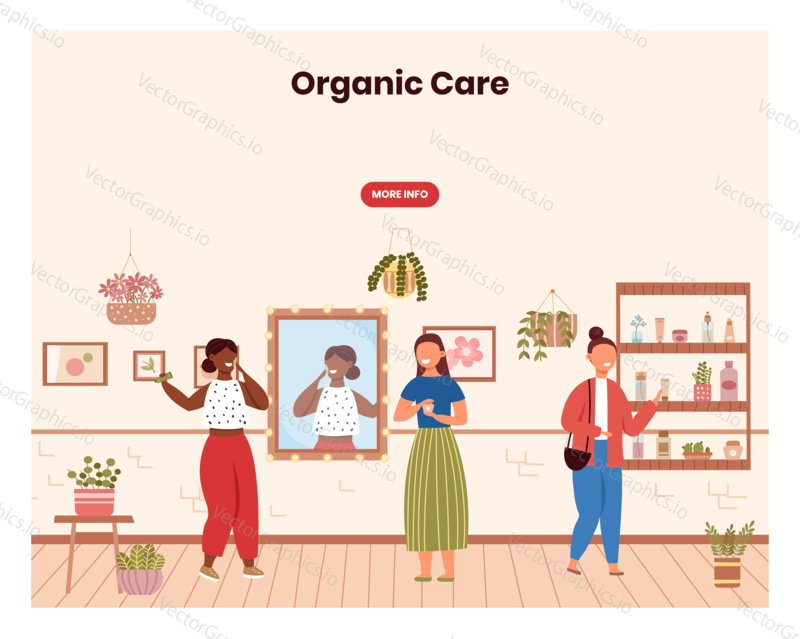 Organic cosmetic shop. Beauty spa salon. Woman try cosmetics in store. Concept illustration. Vector web site design template. Landing page website illustration