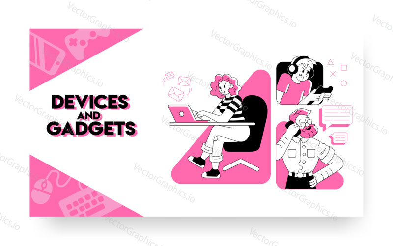 Modern technology gadgets concept illustration. People use laptop, phone, play games. Vector web site design template. Landing page website illustration