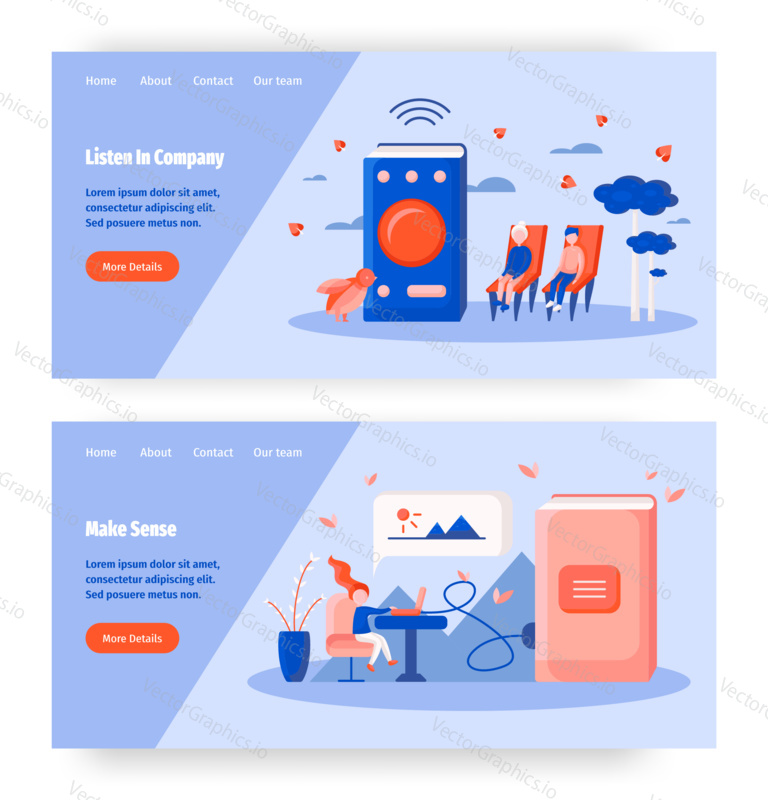 Audio book and online education concept illustration. Couple listen audiobook together. Girl is studying online. Vector web site design template. Landing page website illustration