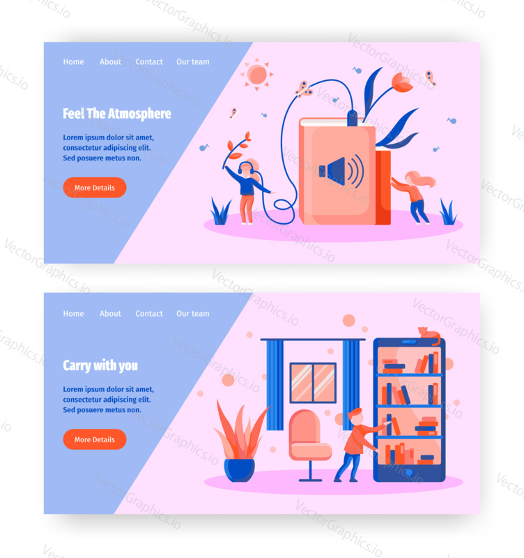 Audio book and digital library concept illustration. Girl listen audiobook in headphones. Mobile phone with electronic books. Vector web site design template. Landing page website illustration