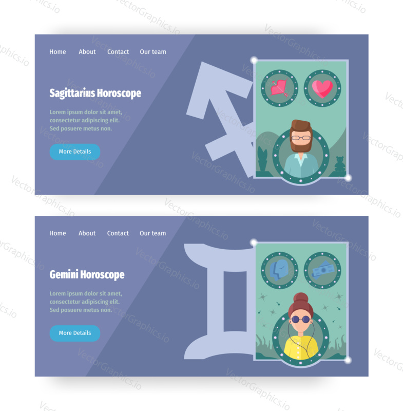 Astrology horoscope concept illustration. Zodiac symbol and signs, gemini, sagittarius. Vector web site design template. Landing page website illustration