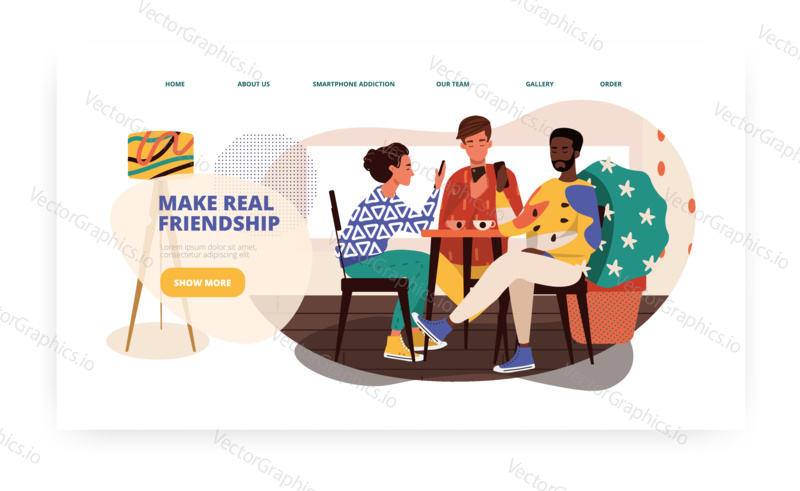 Mobile phone addicted multiracial friends meet in cafe for coffee. Smartphone addiction concept illustration. Vector web site design template. Landing page website illustration