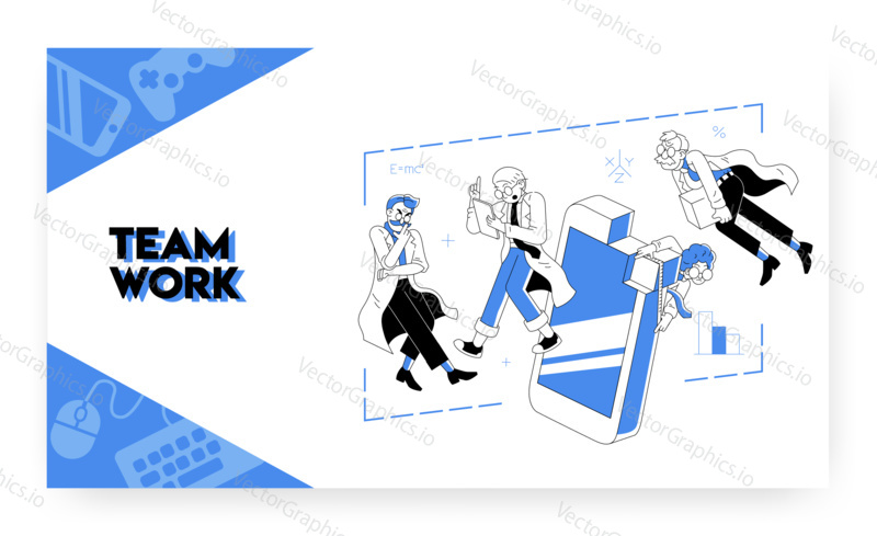 Crazy physics scientists brainstorm new idea and technology. Concept illustration. Science teamwork, mobile phone, STEM education. Vector web site design template. Landing page website illustration