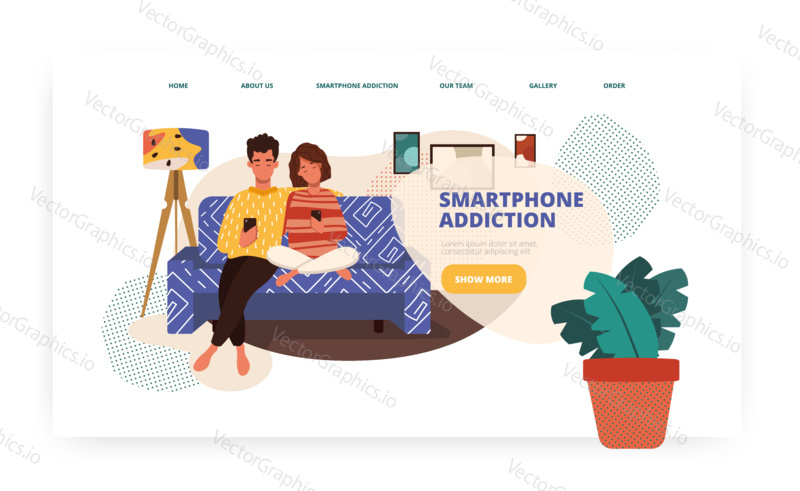 Young couple use mobile phone at home. Smartphone and digital technology addiction concept illustration. Vector web site design template. Landing page website illustration