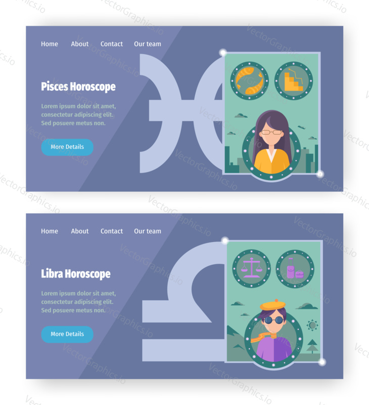Astrology horoscope concept illustration. Zodiac symbol and signs, libra, pisces. Vector web site design template. Landing page website illustration