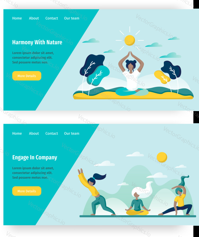 Woman practicing yoga outdoor. Meditation in harmony with nature concept illustration. Yoga lotus pose, wellness, balance. Vector web site design template. Landing page website illustration