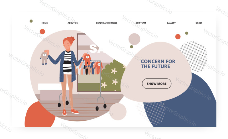 Pregnant woman chooses clothes for baby in the store. Future mom sale. Pregnancy concept illustration. Vector web site design template. Landing page website illustration.