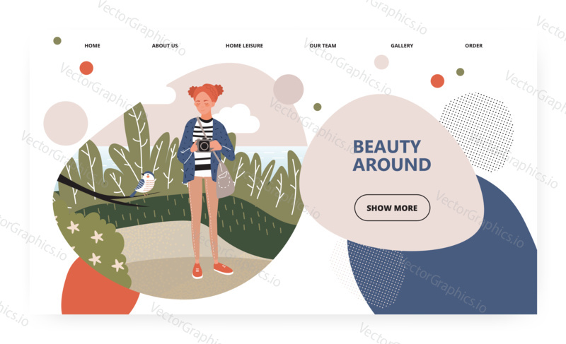 Female photographer takes picture on the nature. Birdwatching concept illustration. Bird photo. Vector web site design template. Landing page website illustration.
