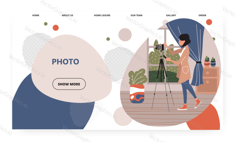 Female photographer take photo at home studio. Photo camera on tripod. Room interior. Concept illustration. Vector web site design template. Landing page website illustration.