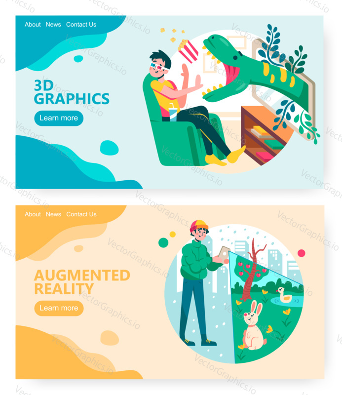 Man watches 3d movie in home cinema theater. Guy plays augmented reality game in a park. Concept illustration. Vector web site design template. Landing page website illustration.