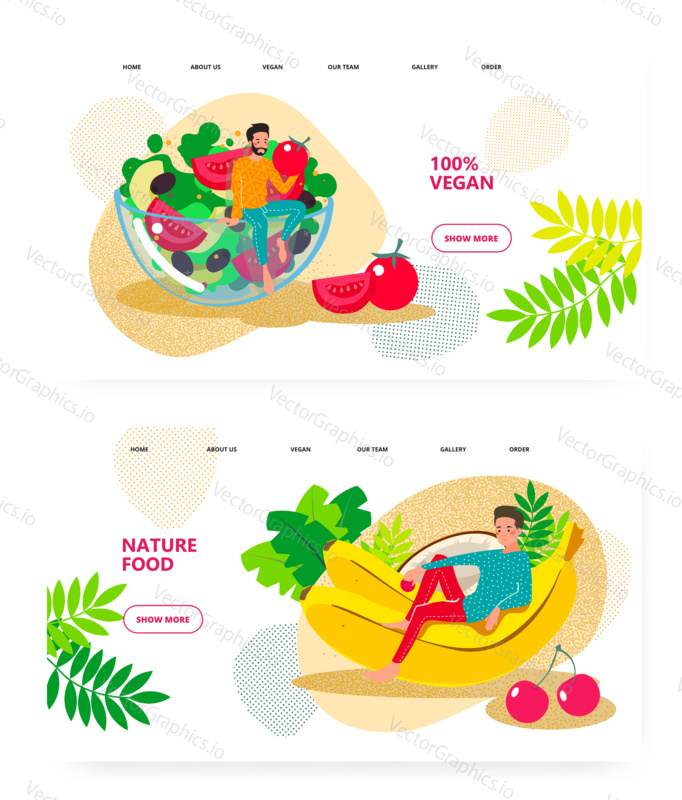 Vegan food, vegetarian salad, natural organic meal. Man sit on salad bowl. Banana, tomato. Concept illustration. Vector web site design template. Landing page website illustration.