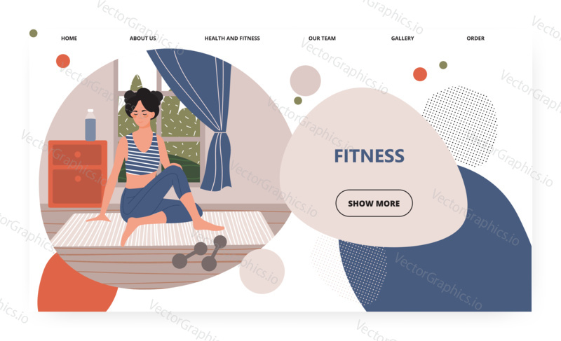 Woman exercise at home. Stretching girl on yoga mat. Fitness and healthy lifestyle concept illustration. Vector web site design template. Landing page website illustration
