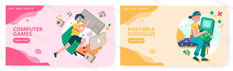 Young gamer plays computer video game. Gamepad console game gadget. Cybersport concept illustration. Vector web site design template. Landing page website illustration.