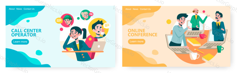 Online video conference, business team communication. Call center operator. Online video chat concept illustration. Vector web site design template. Landing page website illustration.