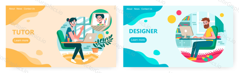 Online art education, tutor. Freelance graphic designer work from home. Video communication and studying concept illustration. Vector web site design template. Landing page website illustration.