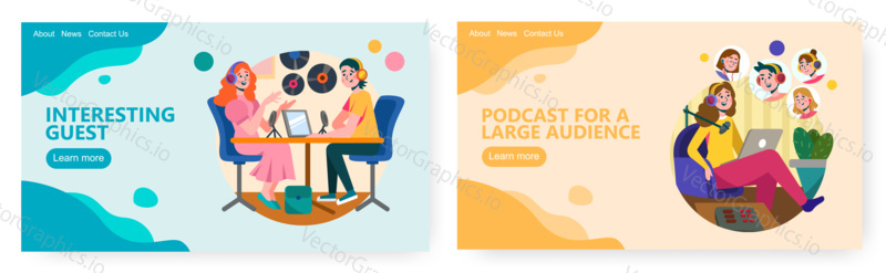 People making podcast interview in radio studio. Podcast audience, broadcast, online live streaming. Concept illustration. Vector web site design template. Landing page website illustration.