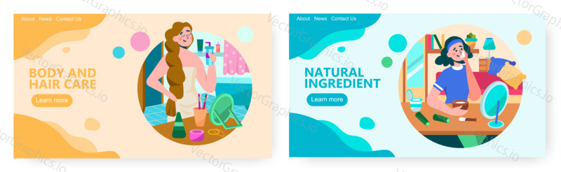 Woman use natural organic cosmetic. After shower body and hair care procedure. Beauty concept illustration. Vector web site design template. Landing page website illustration.