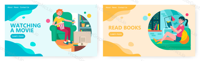 Man eat popcorn and watch movie at home. Woman read book at home. Leisure time and quarantine concept illustration. Vector web site design template. Landing page website illustration.
