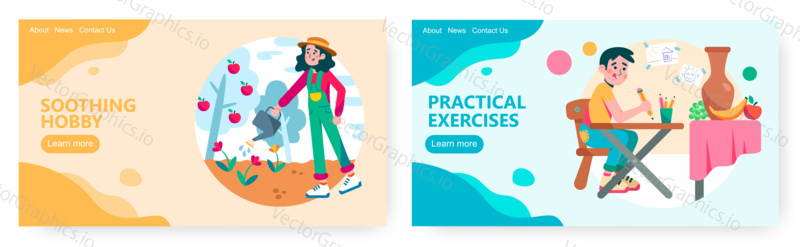 Woman watering flowers and tree in garden. Man trying to draw still life. Hobby concept illustration. Vector web site design template. Landing page website illustration.