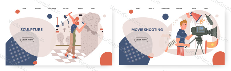 Artist sculptor creates new sculpture in his studio. Movie and television operator with his camera. Concept illustration. Vector web site design template. Landing page website illustration.