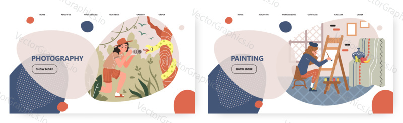 Nature photographer takes picture of the snake. Artist painter with empty canvas in his studio. Art concept illustration. Vector web site design template. Landing page website illustration.