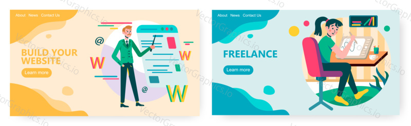 Online tutorial how to build website interface. Freelance designer draw on graphic tablet. Concept illustration. Vector web site design template. Landing page website illustration.