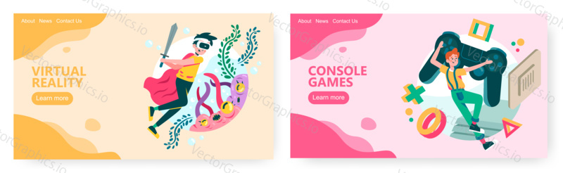 Virtual and augmented reality game technology. Console game controller. Gamer concept illustration. Vector web site design template. Landing page website illustration.