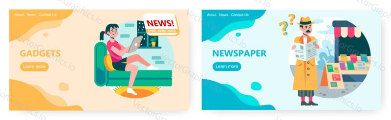 Girl reading news on digital gadget at home. Man at newsstand reading morning newspaper. Business news concept illustration. Vector web site design template. Landing page website illustration.