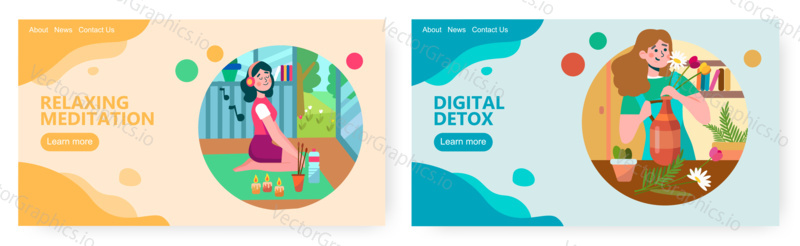 Girl listen music in headphones and meditate at home. Woman put flowers in vase. Hobby and leisure time concept illustration. Vector web site design template. Landing page website illustration.